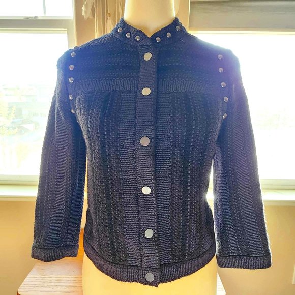 Rebecca Minkoff Navy Blue and Black Studded Tweed Jacket - Size 2 - Picture 1 of 8